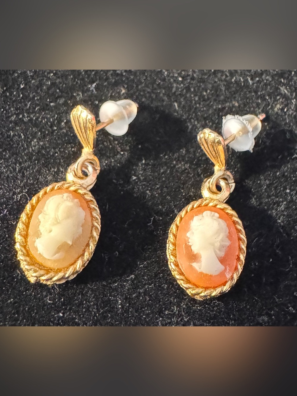 Vintage inspired Cameo Gold Tone Drop Post Earrings .75” long